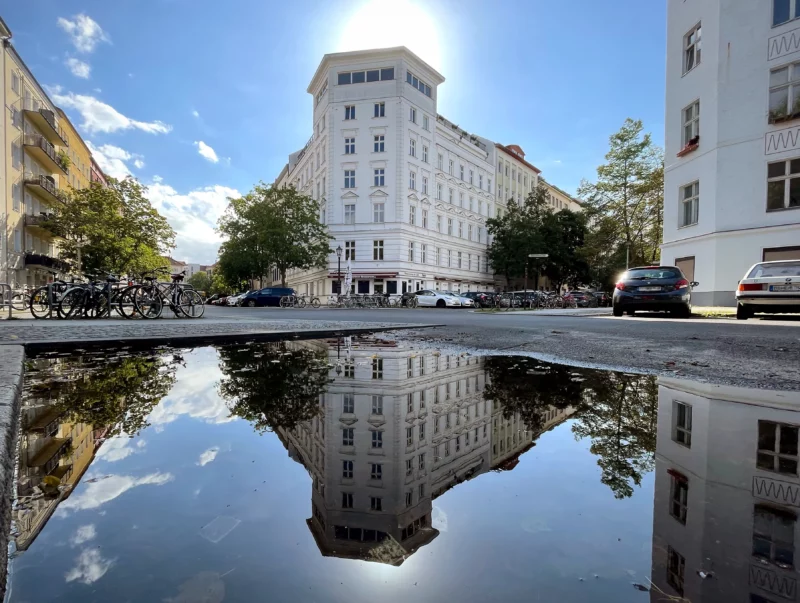 After the rain reflection with blue sky, Berlin